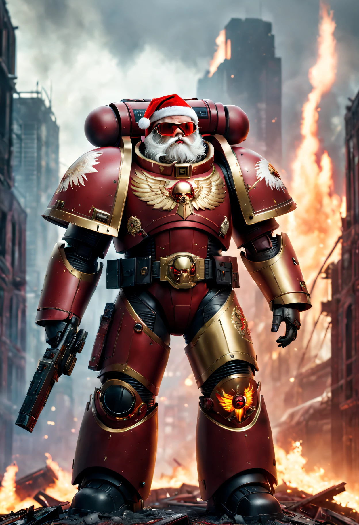 Warhammer 40K universe，santa，Red gold armor mechanical suit，shiny red sunglasseierce war environment，Destroyed buildings and flames，The background is a futuristic cityscape，santa帽子，severe and threatening atmosphere，Sci-fi cyberpunk aesthetics，High contrast and desaturated tones，Dramatic and dynamic lighting effect quality,4K,A high resolution,tmasterpiece:1.2),ultra - detailed,(actual,photoactual,photo-actual:1.37)