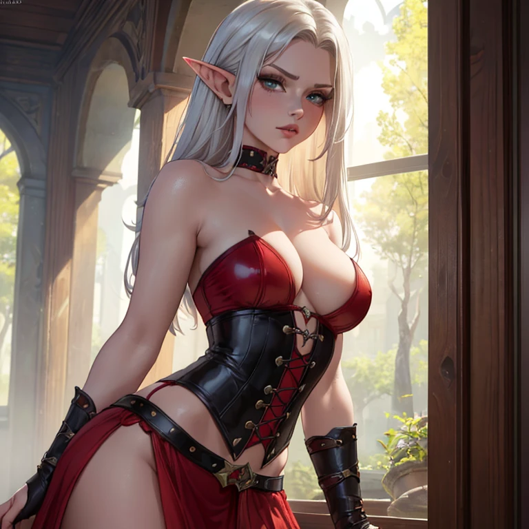 (best quality,4k,8k,highres,masterpiece:1.2),ultra-detailed,(realistic,photorealistic,photo-realistic:1.37),crimson red hair,heterochromia eyes,female elf,black leather corset,soft elven features,long pointed ears,delicate facial structure,subtle freckles,enchanting gaze,long silver eyelashes,mystical background,ethereal lighting.