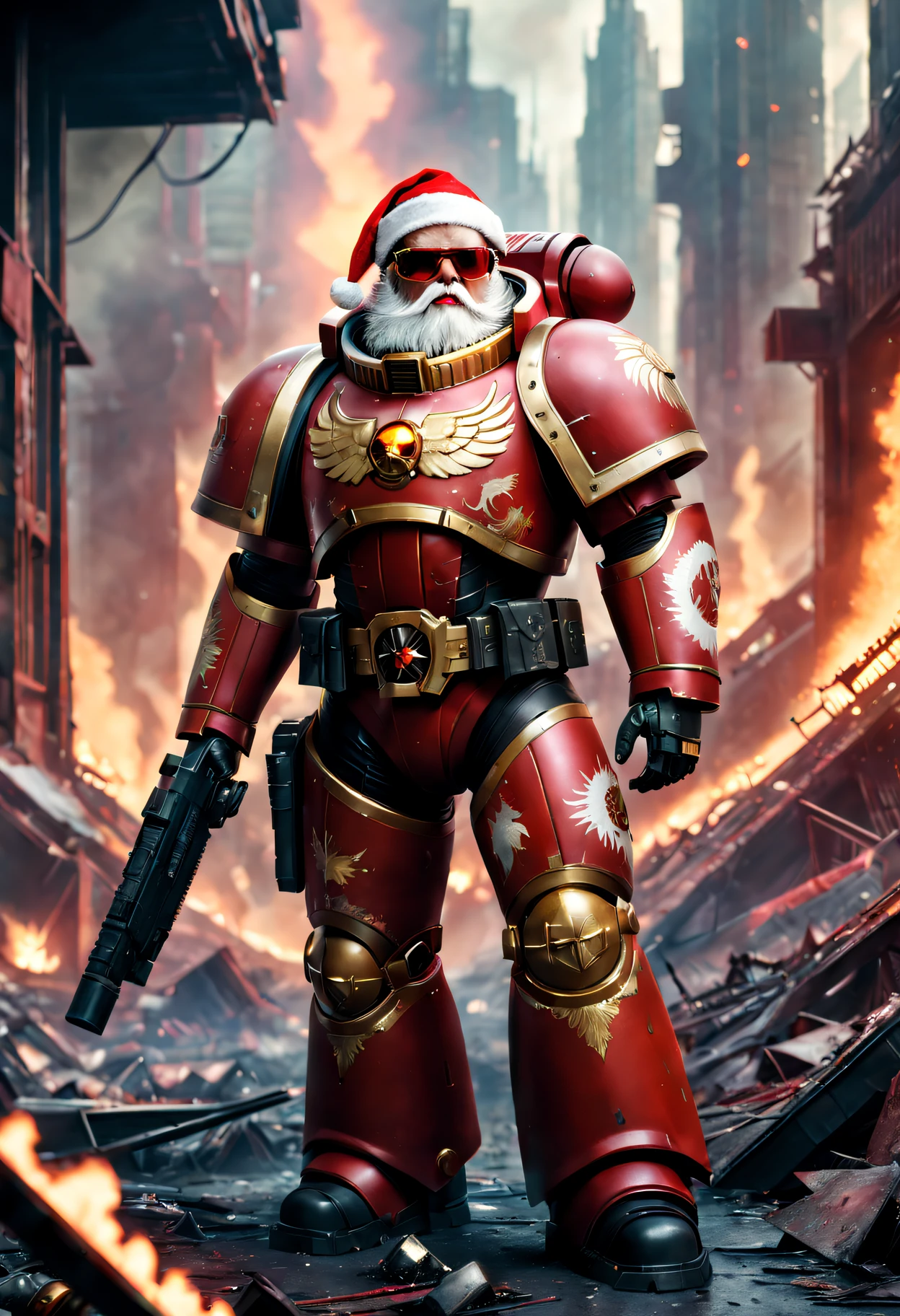 Warhammer 40K universe，santa，Red gold armor mechanical suit，shiny red sunglasseierce war environment，Destroyed buildings and flames，The background is a futuristic cityscape，santa帽子，severe and threatening atmosphere，Sci-fi cyberpunk aesthetics，High contrast and desaturated tones，Dramatic and dynamic lighting effect quality,4K,A high resolution,tmasterpiece:1.2),ultra - detailed,(actual,photoactual,photo-actual:1.37)