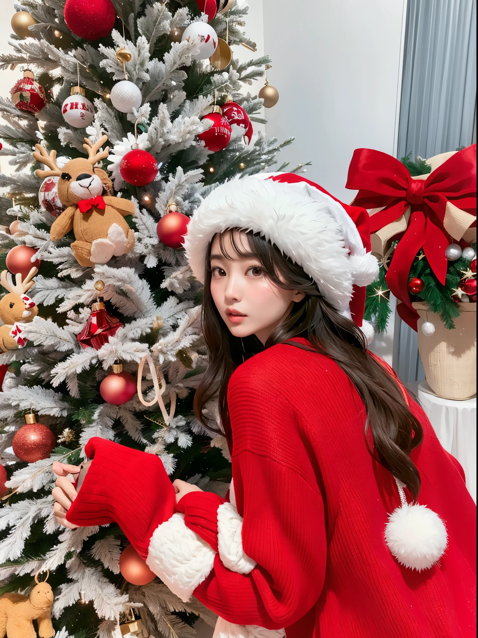 Araffe girl in red sweater and white hat standing next to a Christmas tree, dilraba dilmurat, Bae Suzy, tzuyu de dos veces, Sakimichan, Song Hye - Kyo, Gemma Chan beautiful girl, Pokimane, Lalisa Manobal, ulzzang, 8k)), Usando sombrero de Santa Claus