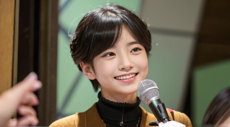 masterpiece、逼真、A detailed eye、Detailed eyes、cute little、looking at viewert、inside in room、audition、film grains、Wrinkled skin、age19、femele、独奏、Shorthair with black hair、Bob Hair、hitornfreckles、A smile、s lips、audition会場、microphone、microphoneの前に立つ、The upper part of the body、with a book in one's hand、Holding a book in your hand、read a book