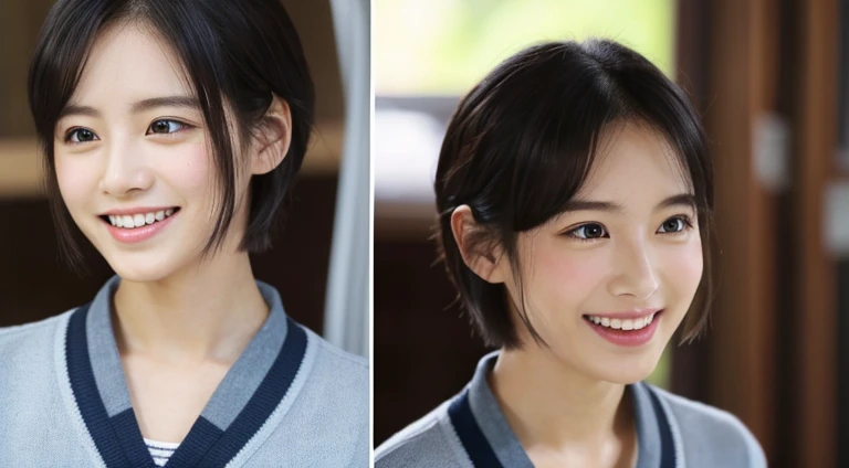 masterpiece、逼真、A detailed eye、Detailed eyes、cute little、looking at viewert、inside in room、audition、film grains、Wrinkled skin、age19、femele、独奏、Shorthair with black hair、Bob Hair、hitornfreckles、A smile、s lips、audition会場、microphone、microphoneの前に立つ、The upper part of the body、with a book in one's hand、Holding a book in your hand、read a book