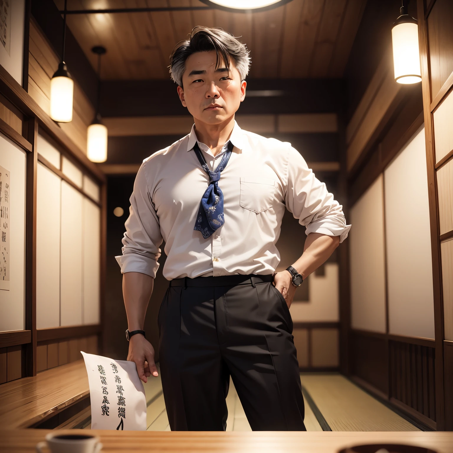 ​masterpiece、top-quality、ultra-detailliert、(Chibi character Japanese middle-aged man:1.2),short-haired,white-collar shirt is exposed,Tangled slacks,Protruding belly,(wipe sweat with a handkerchief:1.1),Inside the Yakitori restaurant,Full-body standing figure,