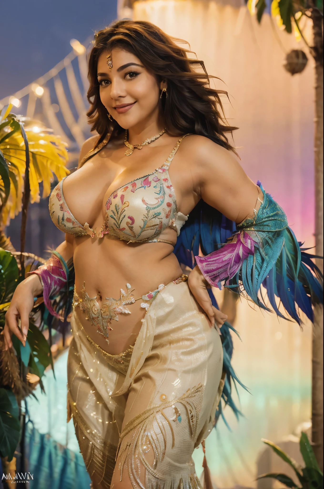 Fantasy setting, bright lights, night scene, rio cranival, carnival costume, exotic feather costume, (wearing samba dance dress:1.2), night sky, romantic and seductive, moonlight, wide angle photo of a indian, 30 yo, vivacious, beautiful legs, mature body, thick thighs, realistic body parts, cheeks, curvy, big breasts, Hollywood lips, long hair, look at viewer and smile, pleasant mood, calm color palette, vibrant colors, unified 16k wallpaper, ultra realistic, intricate details, masterpiece, (cinematic:1.3), (ArtStation:1.2)