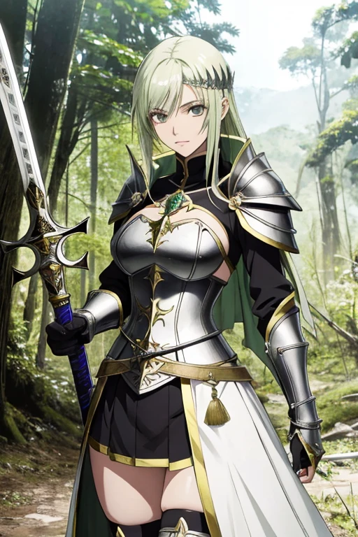 Garota de anime, espada, escudo, RPG, armadura curta, decote, peitos pequenos, peitinho, magra, cabelos verdes, corpo inteiro, fundo floresta, saia
