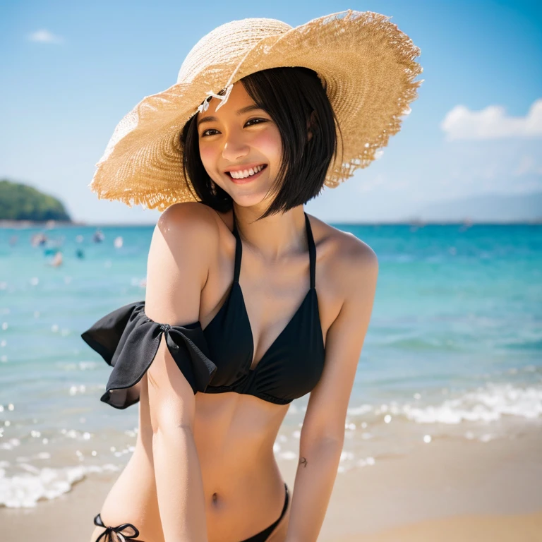 black bikinis、Short black hair、sand beach、Hair in motion、Large straw hat、a smile、Japanese ido