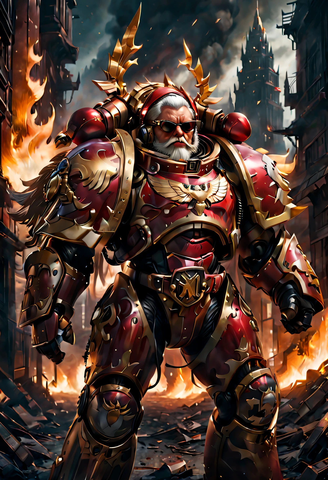 Warhammer 40K universe，Knight Armor Santa Claus，Red gold armor mechanical suit，Santa hat，shiny red sunglasseierce war environment，Destroyed buildings and flames，The background is a futuristic cityscape，severe and threatening atmosphere，Sci-fi cyberpunk aesthetics，High contrast and desaturated tones，Dramatic and dynamic lighting effect quality,4K,A high resolution,tmasterpiece:1.2),ultra - detailed,(actual,photoactual,photo-actual:1.37)