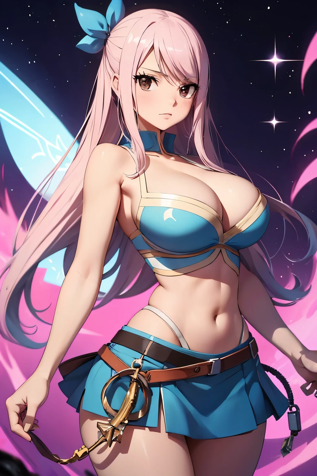 anime fairy tail, personaje lucy hearfilia, pelo rubio, rostro hermoso, pecho grande, trasero grande, Curvaceous Body, calidad, 4k, adolescente, atractiva, wear a belt that, Holds both the miniskirt and her star spirit keys, and a whip with a heart-shaped end. La marca de miembro del gremio se encuentra en el dorso de su mano derecha y es de color rosa.