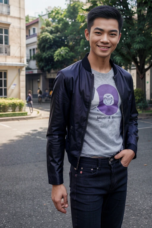handsome male vietnamese, shorthair, smiling eyes, happy face, stand in front of university yard, full purple t-shirt with black jeans jacket, standing, look straight to the viewer, realistic style, grey hair, mole under eye, open mouth, drop shadow, Canon, motion lines