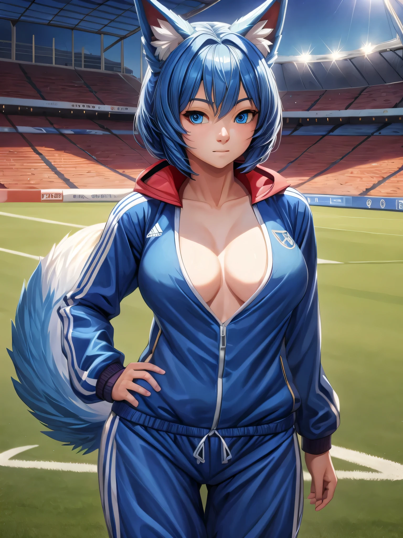 (Masterpiece) (High Detail) (High Res) A close up of short skinny humanoid girl with pale human skin and blue eyes and long blue hair and blue dog ears and a big fluffy dog tail and small average breasts. She is wearing a blue tracksuit jacket which is open and is showing her bare tummy and cleavage and a baggy blue tracksuit pants. She is on the front cover of a soccer magazine. No bra. Soccer field. Stadium.