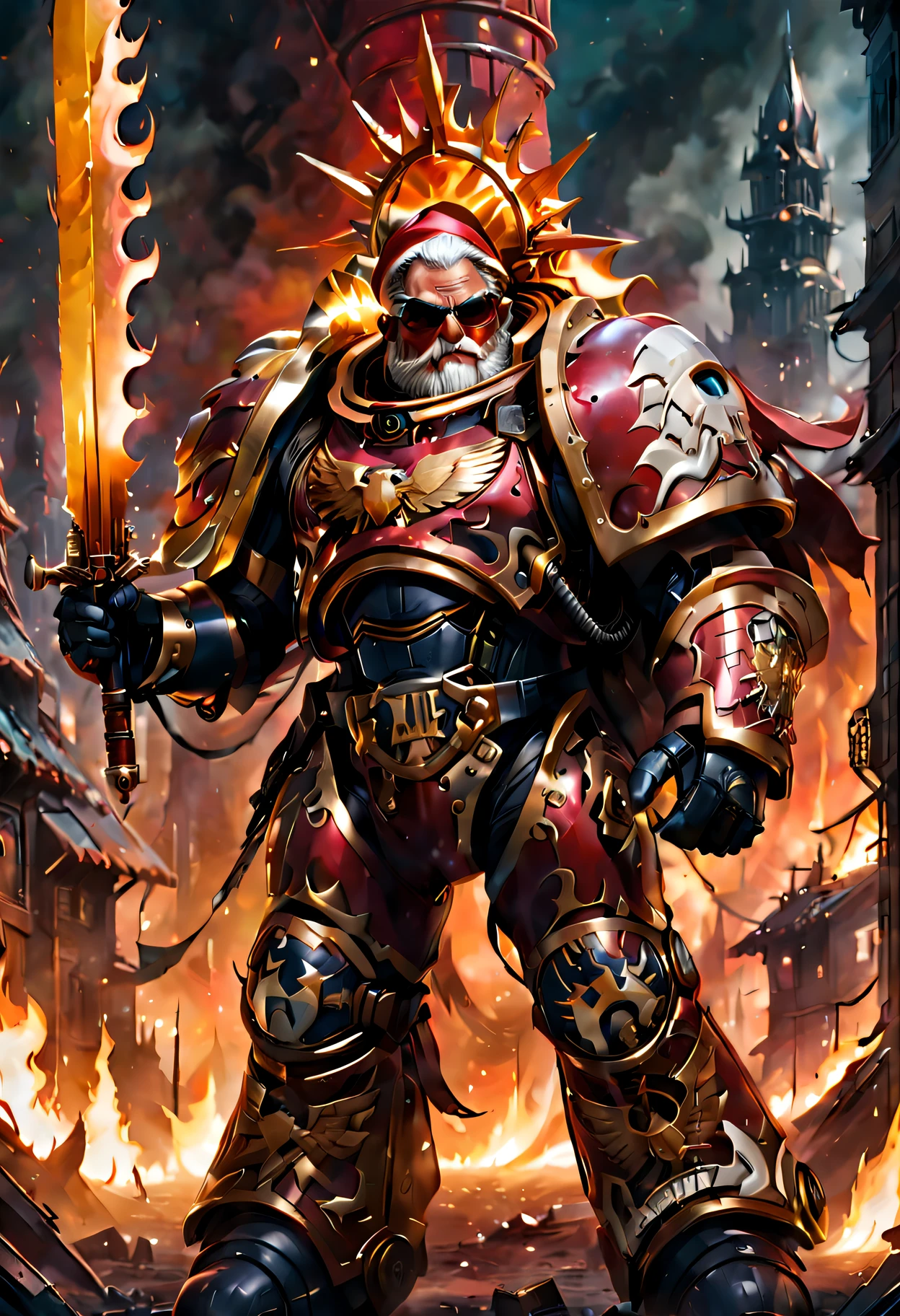 Warhammer 40K universe,Knight Armor Santa Claus,Red gold armor mechanical suit,Santa hat,shiny red sunglasseierce war environment,Armed with a flaming sword,Destroyed buildings and flames,The background is a futuristic cityscape,severe and threatening atmosphere,Sci-fi cyberpunk aesthetics,High contrast and desaturated tones,Dramatic and dynamic lighting effect quality,4K,A high resolution,tmasterpiece:1.2),ultra - detailed,(actual,photoactual,photo-actual:1.37)