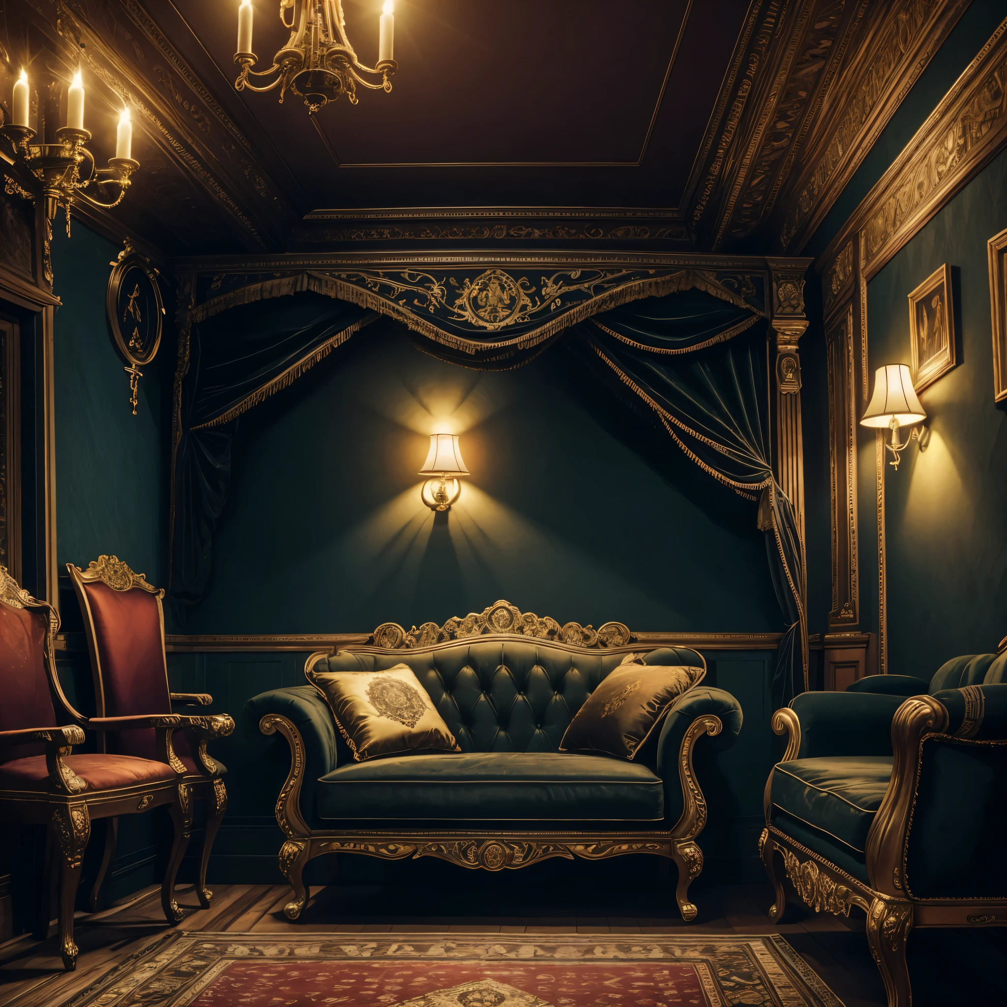 really nice chair,drug den,illustration,ultra-detailed,overstuffed,[dark and mysterious] atmosphere,[velvet upholstered],[intricate carved wood],dimly lit room,smoke-filled air,[golden accents],intense shadows,vivid colors,worn-out armrests