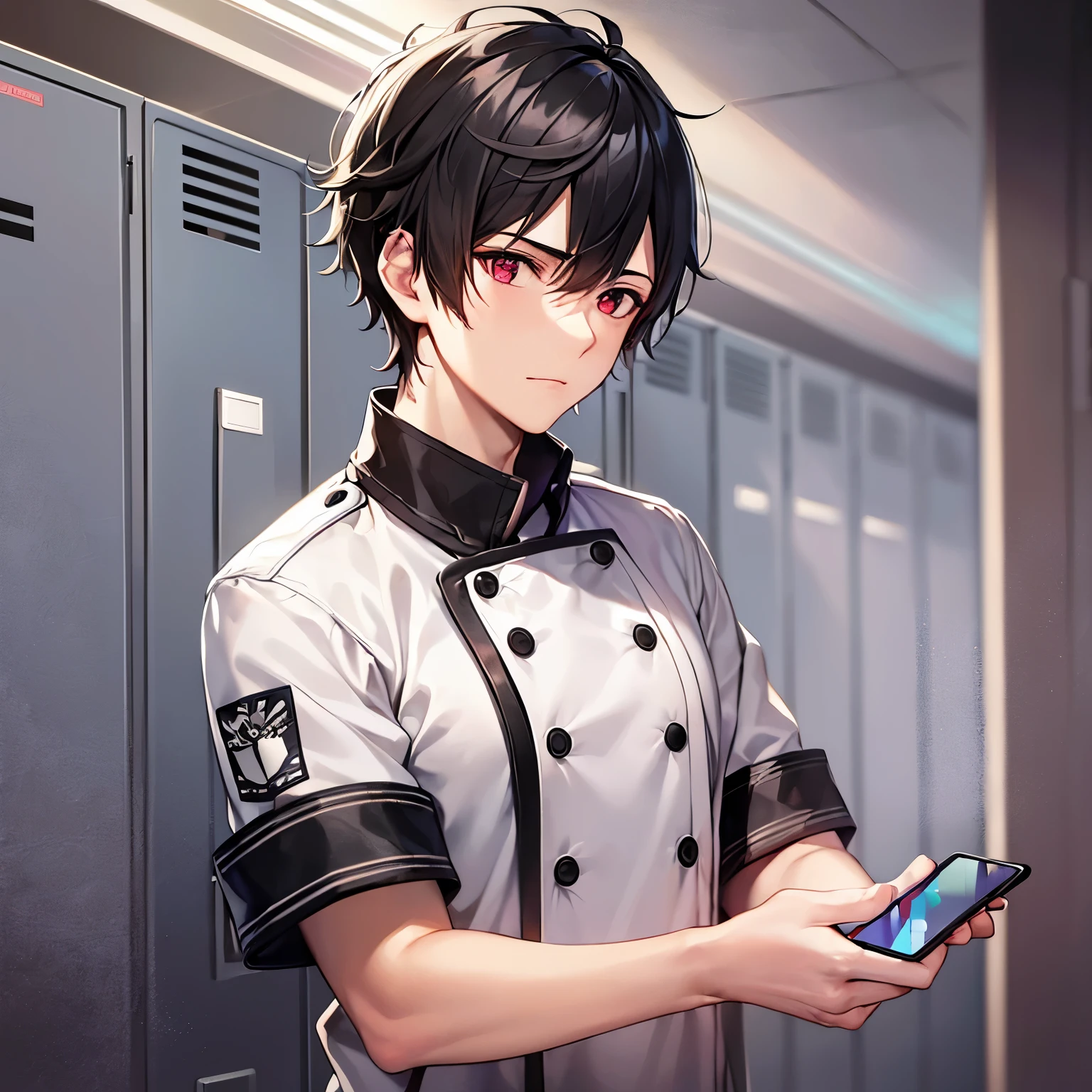 masterpiece、hightquality、(25 year old man with short black hair and red eyes:1.5)、white chef uniform、(Close-up of your face)、(Alone:1.5)、(expressionless:1.1)、(I have a smartphone:1.5)、The background is the locker room、Bold composition、