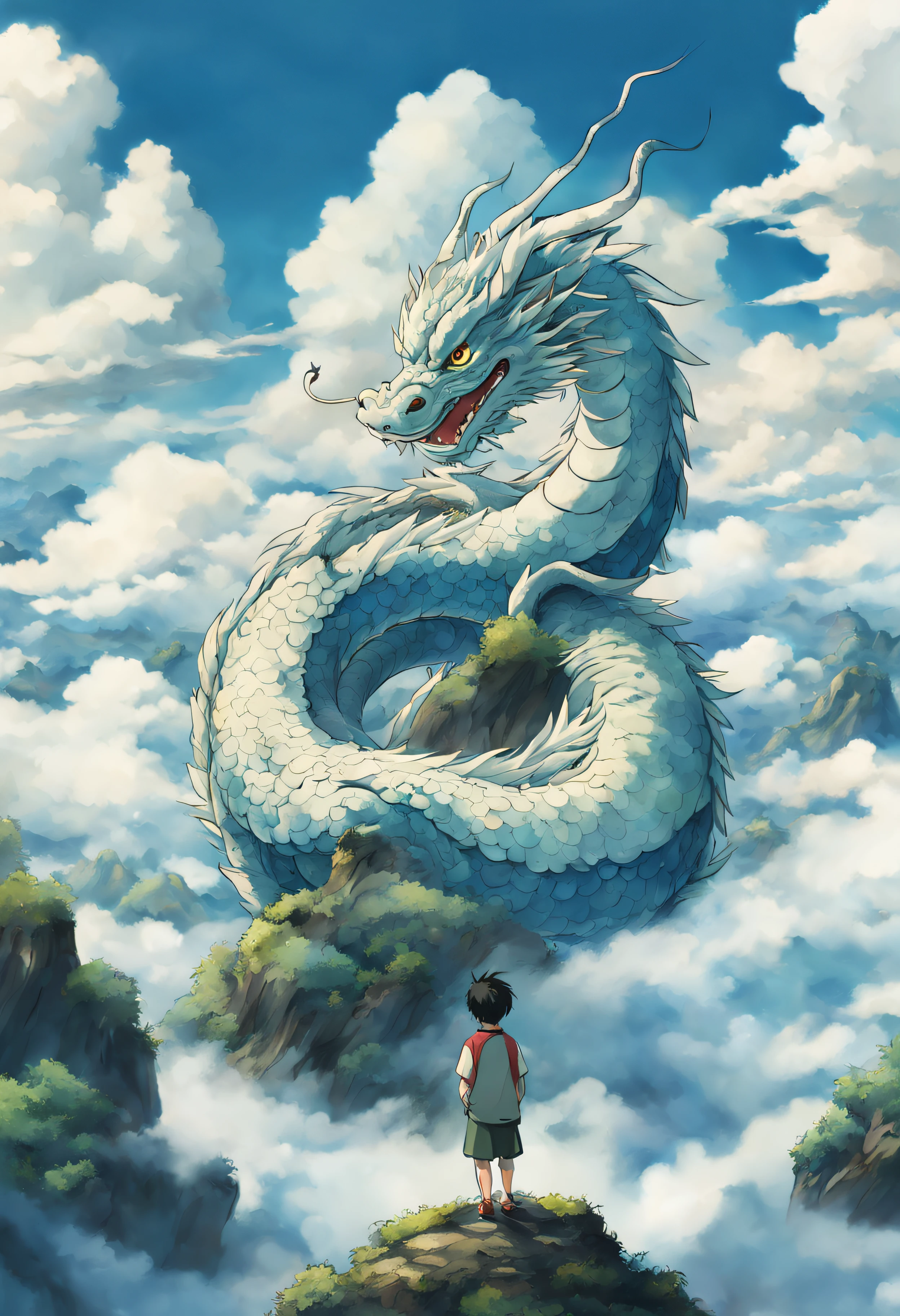 water ink, chinesedragon, A lonely boy, on cloud, The most beautiful image I have ever seen, by Ghibli Studio, 4K, tmasterpiece, tmasterpiece, high qulity, high detal, hyper HD