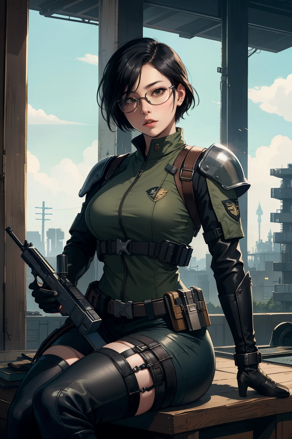 A Pretty, Sexy Adult Asian Female Fallout character that is a scribe in the Brotherhood Of Steel with short silken black straight hair wearing dark colored brotherhood of steel fatigues with a light armor dark colored chest rig on and patches of the brotherhood of steel insignia on the armor and fatigues and a dark colored field cap with goggles wrapped around the cap, with a laser pistol holstered to her hip while shes sitting down reading a book with the gloomy capital wasteland from fallout 3 as the background