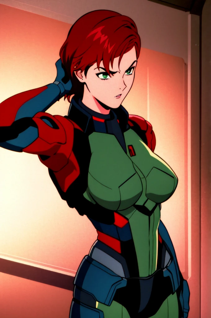 masterpiece, best quality, 1girl, cowboy shot, Jane Shepard, FemShep, short hair, red hair, green eyes, black power armor, N7, evangelion anime style, anime screencap, 1990s_\(style\)