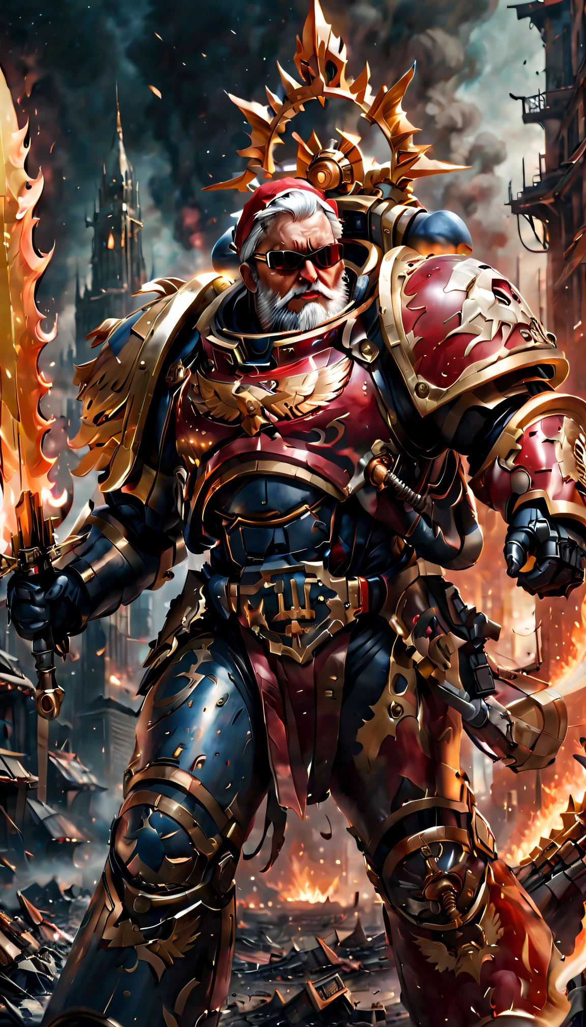 Warhammer 40K universe，Knight Armor Santa Claus，Red gold armor mechanical suit，Santa hat，shiny red sunglasseierce war environment，Armed with a flaming sword，Destroyed buildings and flames，The background is a futuristic cityscape，severe and threatening atmosphere，Sci-fi cyberpunk aesthetics，High contrast and desaturated tones，Dramatic and dynamic lighting effect quality,4K,(A high resolution,tmasterpiece:1.2),ultra - detailed,(actual,photoactual,photo-actual:1.37)