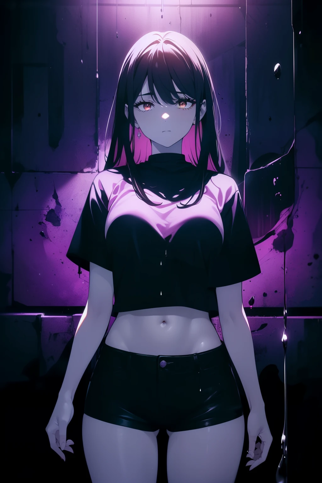((((Obra maestra, La mejor calidad, ultrahigh resolution)))), 1girl, happy, standing, black t-shirt, jean shortlack hair, dark black hair over eye:1), long hair cut, pale skin, ((brown eyes)), (glowing_eyes), (ultra detailed eyes:0.7, beautiful and detailed face, detailed eyes:0.9), ((centered)), ((over joyed expression)), ((wide shot)), facing viewer, (((indoor part, purple and black lights, black dancing silhouettes:0.9, rave:1))), medium breasts, looking at viewer, ((half closed eyes)), ((perfect hands)), (((head:1, arms, hips in view, elbows, thighs, in view))), lively eyes, beautiful lighting, outside, outdoors, background, defined subject, 25 years old, (head tilt), (((cool))), ((lively)), (((splash))), ((model pose))