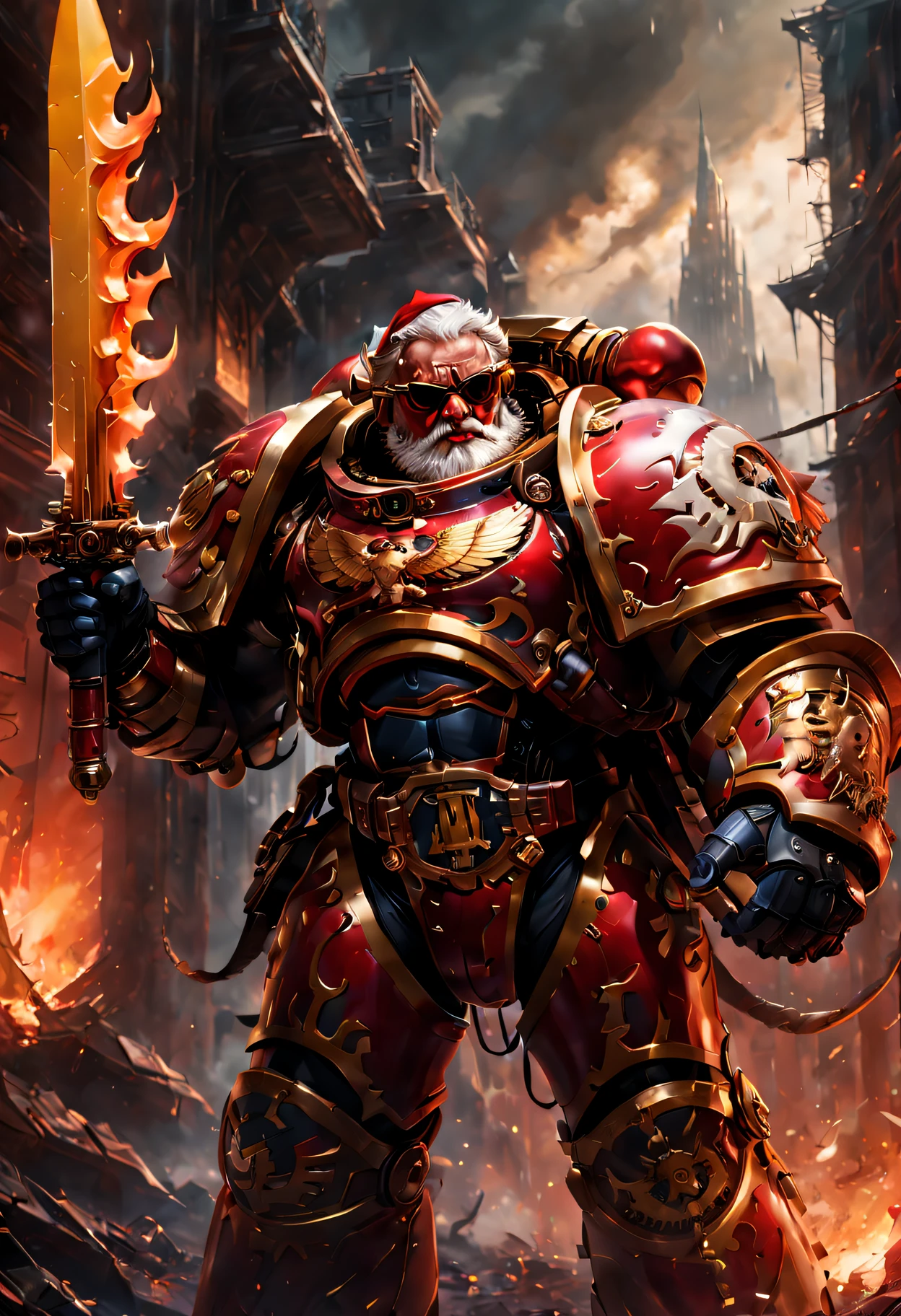 Warhammer 40K universe，Knight Armor Santa Claus，Red gold armor mechanical suit，Santa hat，shiny red sunglasseierce war environment，Armed with a flaming sword，Destroyed buildings and flames，The background is a futuristic cityscape，severe and threatening atmosphere，Sci-fi cyberpunk aesthetics，High contrast and desaturated tones，Dramatic and dynamic lighting effect quality,4K,(A high resolution,tmasterpiece:1.2),ultra - detailed,(actual,photoactual,photo-actual:1.37)