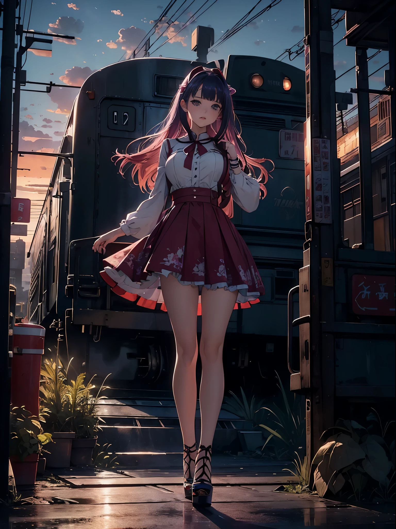 magenta tint、Vibrant colors、((tmasterpiece)))、(((quality)))、((ultra - detailed))、(Surreal)、(Very detailed CG illustration)、Cinematic lightinidsummer、The glorious 1980s、1个Giant Breast Girl,Cool beauty、cochetti gorgeous、incomparable beauty、Hair color、Rock music、jaqueta de couro、Superskirt、(high-heels),perfectly proportions、Perfectcomposition、((twilight,trains站台,trains,Cloud)),