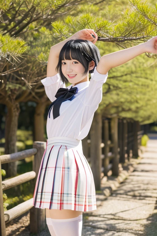 ((masterpiece))), (One beautiful Japan girl, classmates, landscape and innocence,cute black hair :1.4)) ,超A high resolution, Realistic, ultra-detailliert, 8K,top-quality, Extremely detailed, Detailed background,A slender,very beautiful japanese girl, Detailed face:1.3), , (a baby face,Cute,adorable girl),best qualtiy,masuter piece,highly colorful,校服,neck bowtie,Beautiful girl wearing a plaid skirt,Normal posture,Natural Lip,(playful pose),(Pointing at you in the ass),(white stockings),Mary Jane shoes