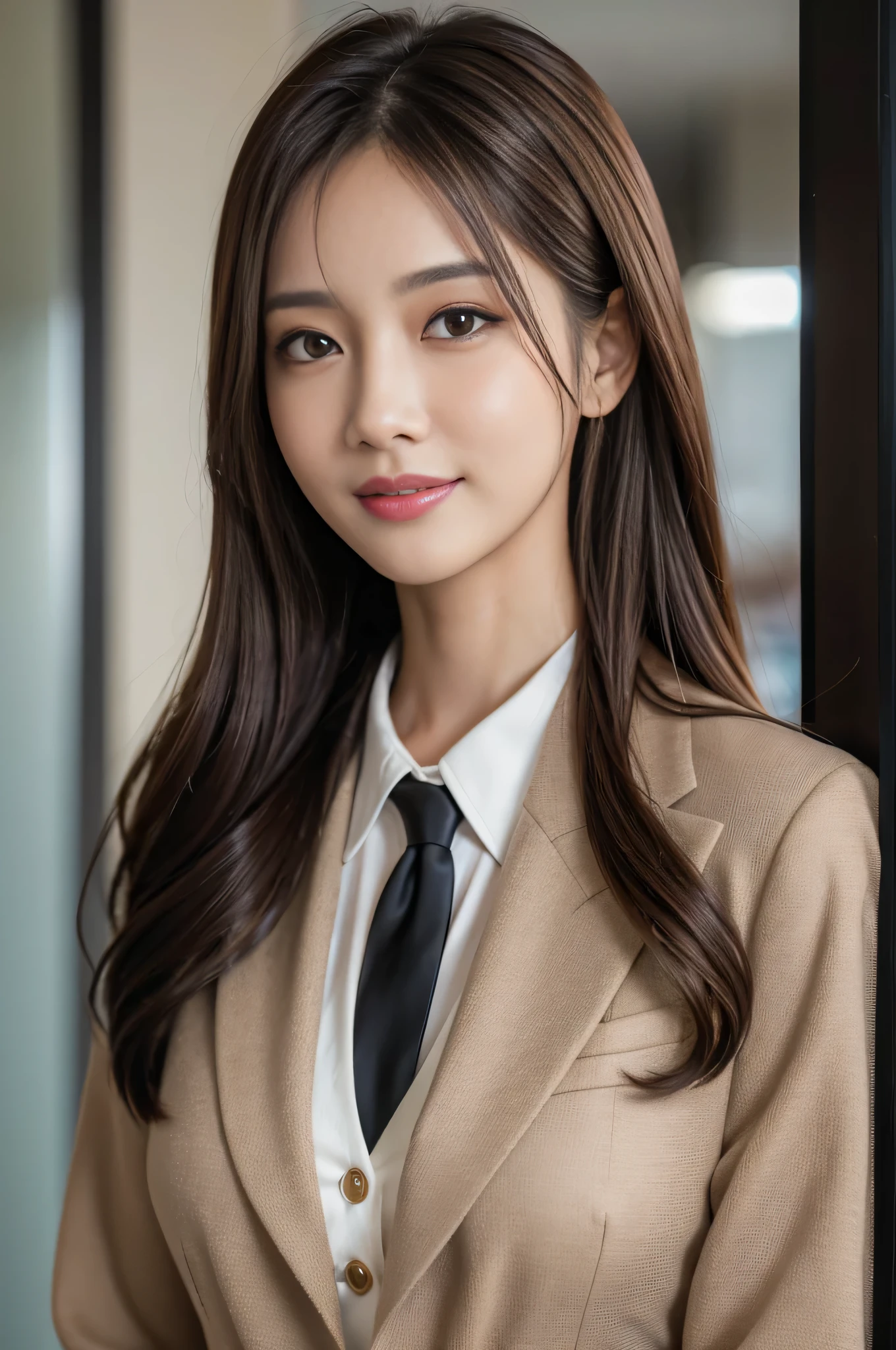 A close up of a woman in a suit and tie posing for a picture - SeaArt AI