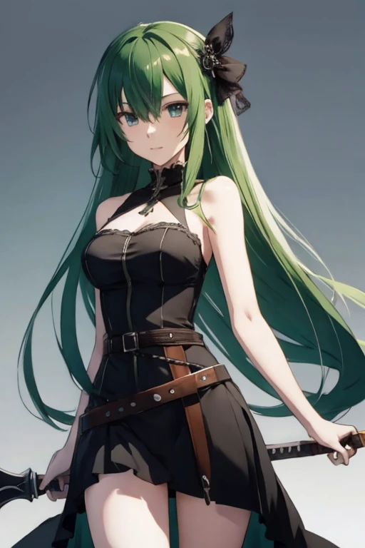 Anime girl, RPG, big sword, shild, Green hair, black dress