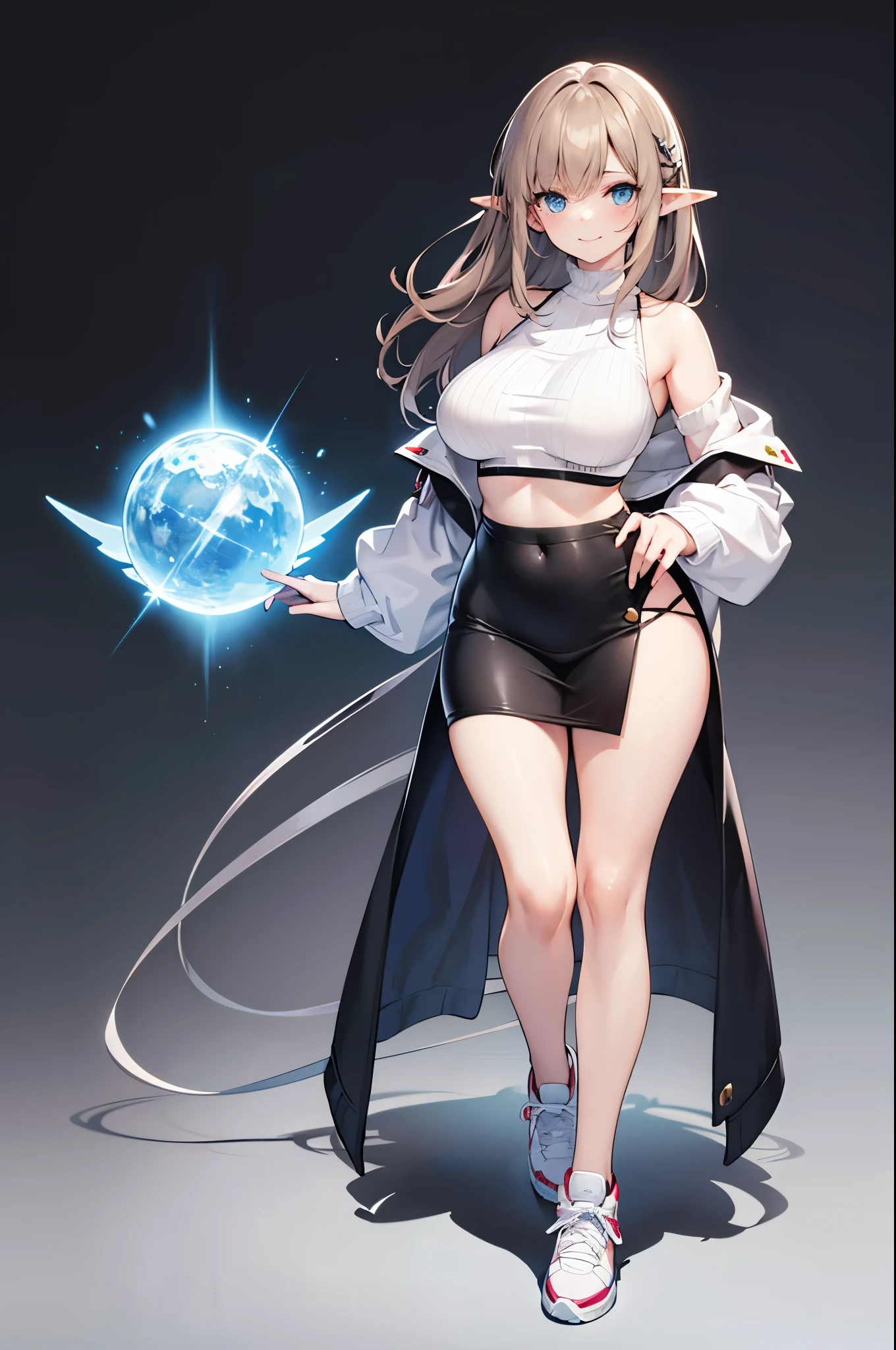 Detail image, realistic image, 1 elf. smiling. She has medium long brown hair which has strands of hair hanging over the right side of her face, large blue eyes and a delicate oval face, medium sized breasts and a slim, curvy figure. She is wearing an off-shoulder sweater, fabric mini skirt. thin thong. sneakers. Full body view. Black background, Uniform background. Ambient light. Volumetric Light