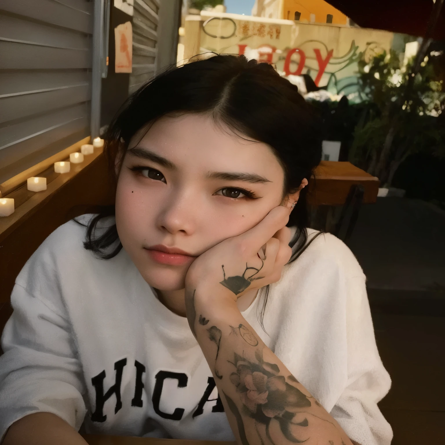 hay una mujer con un tatuaje en el brazo sentada en una mesa, 18 years old, Imagen de perfil, foto de perfil, of taiwanese girl con tatuajes, she Parece una mezcla de grimes, 2 2 years old, con tatuajes, 21-year-old, Asian girl, 1 6 years, Gemma Chen, Parece una mezcla de grimes, foto de perfilture