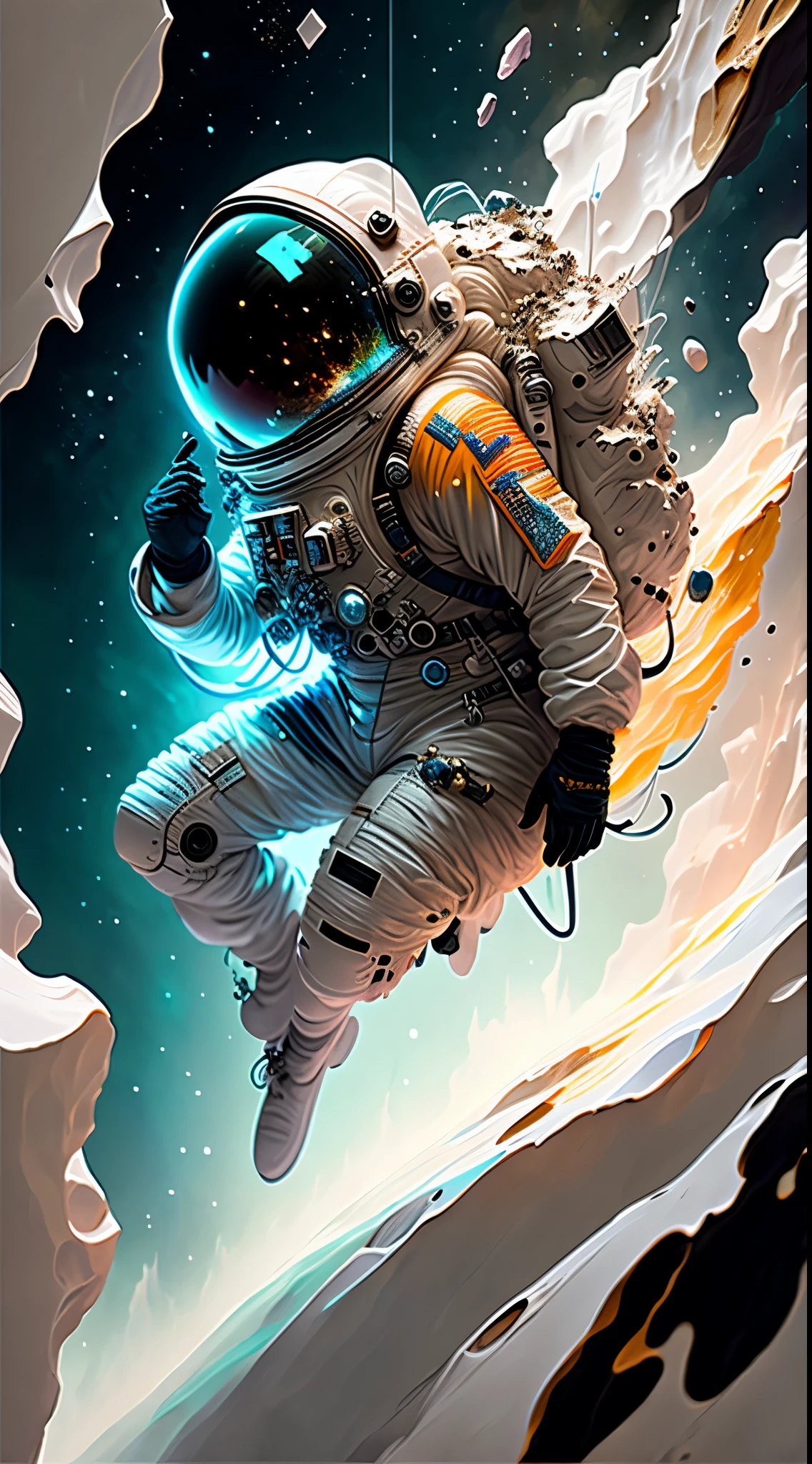 astronaut,  climbing the asteroid,  character render, ultra high quality model, ethereal background, abstract beauty, explosive volumetric, oil painting, heavy strokes, paint dripping