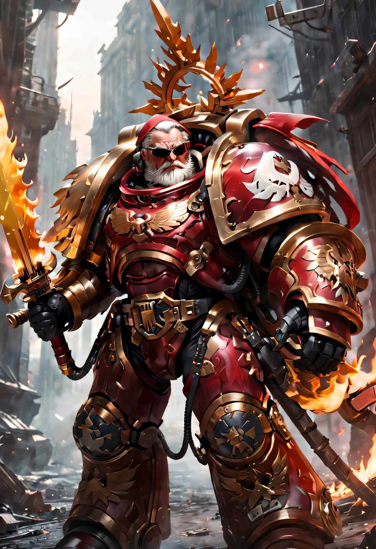 Warhammer 40K universe,Knight Armor Santa Claus,Red gold armor mechanical suit,Santa hat,shiny red sunglasseierce war environment,Armed with a flaming sword,Destroyed buildings and flames,The background is a futuristic cityscape,severe and threatening atmosphere,Sci-fi cyberpunk aesthetics,High contrast and desaturated tones,Dramatic and dynamic lighting effect quality,4K,(A high resolution,tmasterpiece:1.2),ultra - detailed,(actual,photoactual,photo-actual:1.37)