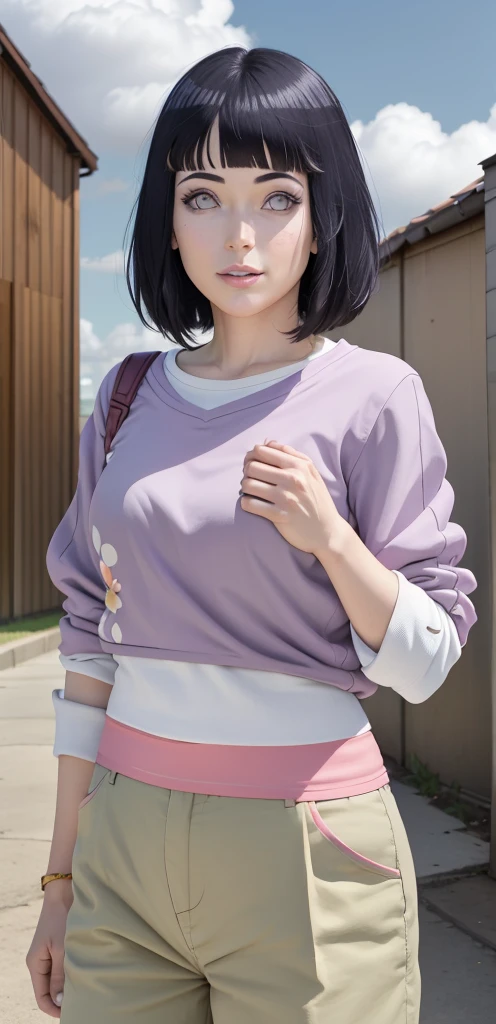 master part, absurdos, Hinata\(Boruto\), 1girl, sozinho,Mature female, Capuz roxo,mangas em camadas, brown pants, ao ar livre, Campo de flores de lavanda, looking at the petals), Cloudy sky, perfect composition, circunstanciado lips, peito grande, beautiful face, body propotion, corar, (pink lips), cabelos curtos, lilac eyes, olhar suave, sorriso triste, super realistic, circunstanciado, Photo Session, rosto e corpo realistas, Realistic hair, olhos realistas, nariz realista, realistic lips, brown pants, anime, andando sob as petalas de flores, lilac sneakers