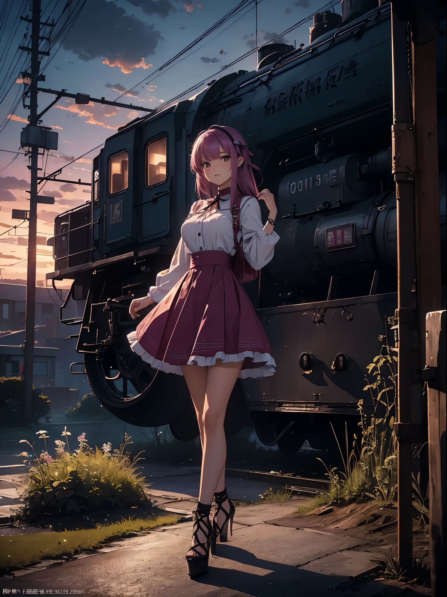 magenta tint、Vibrant colors、((tmasterpiece)))、(((quality)))、((ultra - detailed))、(Surreal)、(Very detailed CG illustration）、Cinematic lightinidsummer、The glorious 1980s、1个Giant Breast Girl，Cool beauty、cochetti gorgeous、incomparable beauty、Hair color、Rock music、jaqueta de couro、Superskirt、(high-heels)，perfectly proportions、Perfectcomposition、((twilight，trains站，Cloud))，