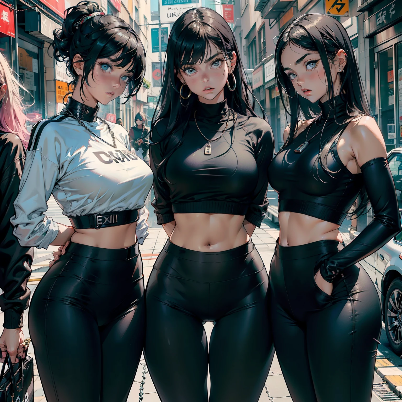 corpo bonito, cara bonita, 3 s juntas, meninavelha, Cabelos ruivos claros, olho, chain around neck, ombros, moletom, legging pants, peito grande, barriga, cintura fina, pernas grossas, coxas grossas, Background scenario randomly looking at the viewer