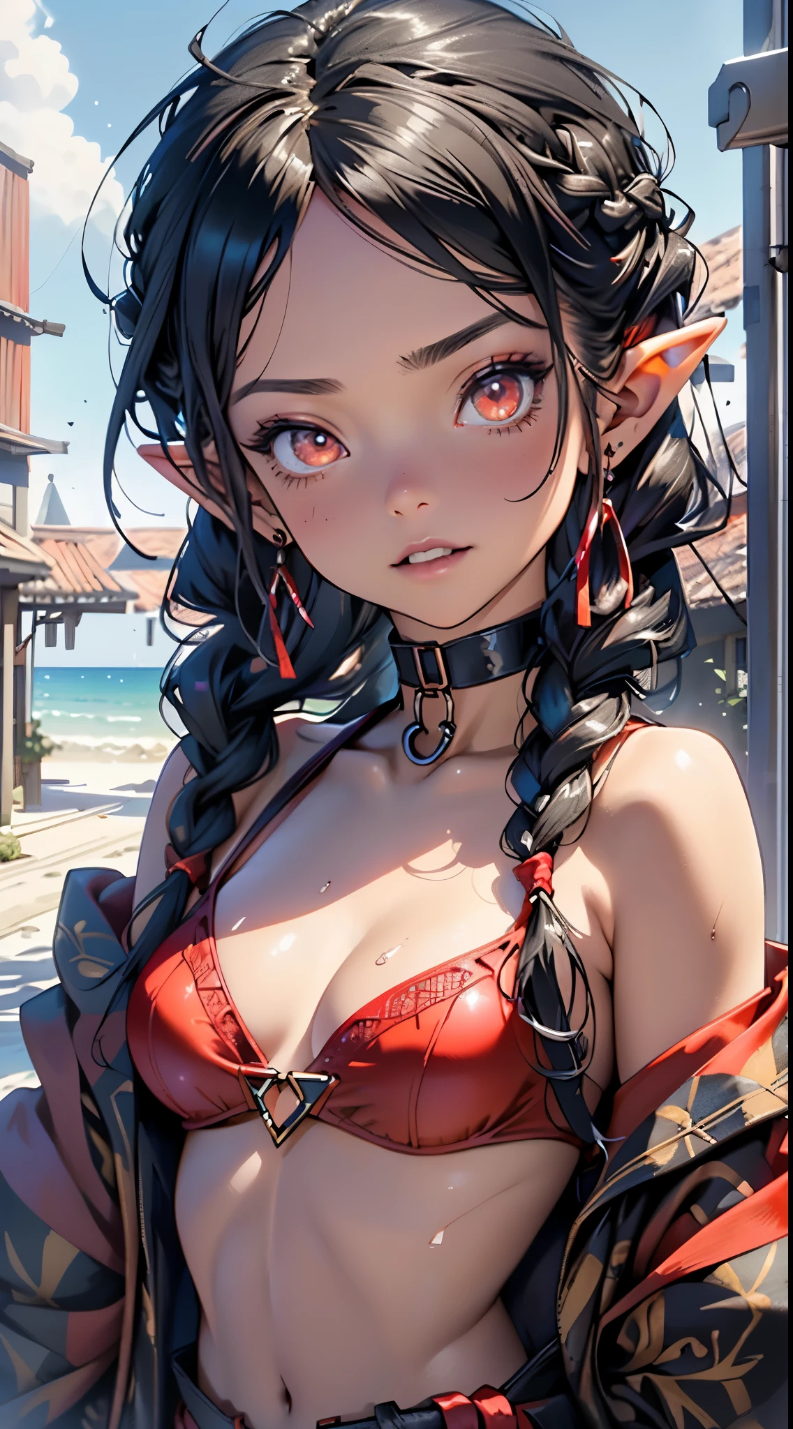 cute elf ****,girl, 1girl,(((little ****,tiny little body,small))),(((***********))),((anime elf **** with extremely cute and beautiful black hair)),(((elf, elf ears))),

(((flat chest))),((((black hair:1.35,hair with a braid,colored inner hair,ear breathing)))),(((red_eyes:1.3))),intricate eyes,beautiful detailed eyes,symmetrical eyes,big eyes:1.5,(((lustrous skin:1.5,bright skin: 1.5,skin tanned,shiny skin,very shiny skin,shiny body,plastic glitter skin,exaggerated shiny skin,illuminated skin))),(delicate detailed fingers,detailed body,detailed arms,human hands,(detailed face)),

cute,slutty,erotic,daring,nsfw,

((red bikini:1.5,striped bikini:1.5,white and red stripes)),revealing clothing,show skin,(semi-naked),(choker,wrist cuffs),((intricate outfit,intricate clothes))),

(dynamic pose:1.0),embarrassed,(centered,scale to fit dimensions,Rule of thirds),

((Sky, Sea, clouds,)), with dark stormy clouds,((beach scenery,intricate scenery)),

(Glossy winter ornaments),highres,sharp focus,(ultra detailed,extremely detailed),(photorealistic artwork:1.37),(extremely detailed CG unity 8k wallpaper),(((vibrant colors,vibrant theme))),(intricate),(masterpiece),(best quality),