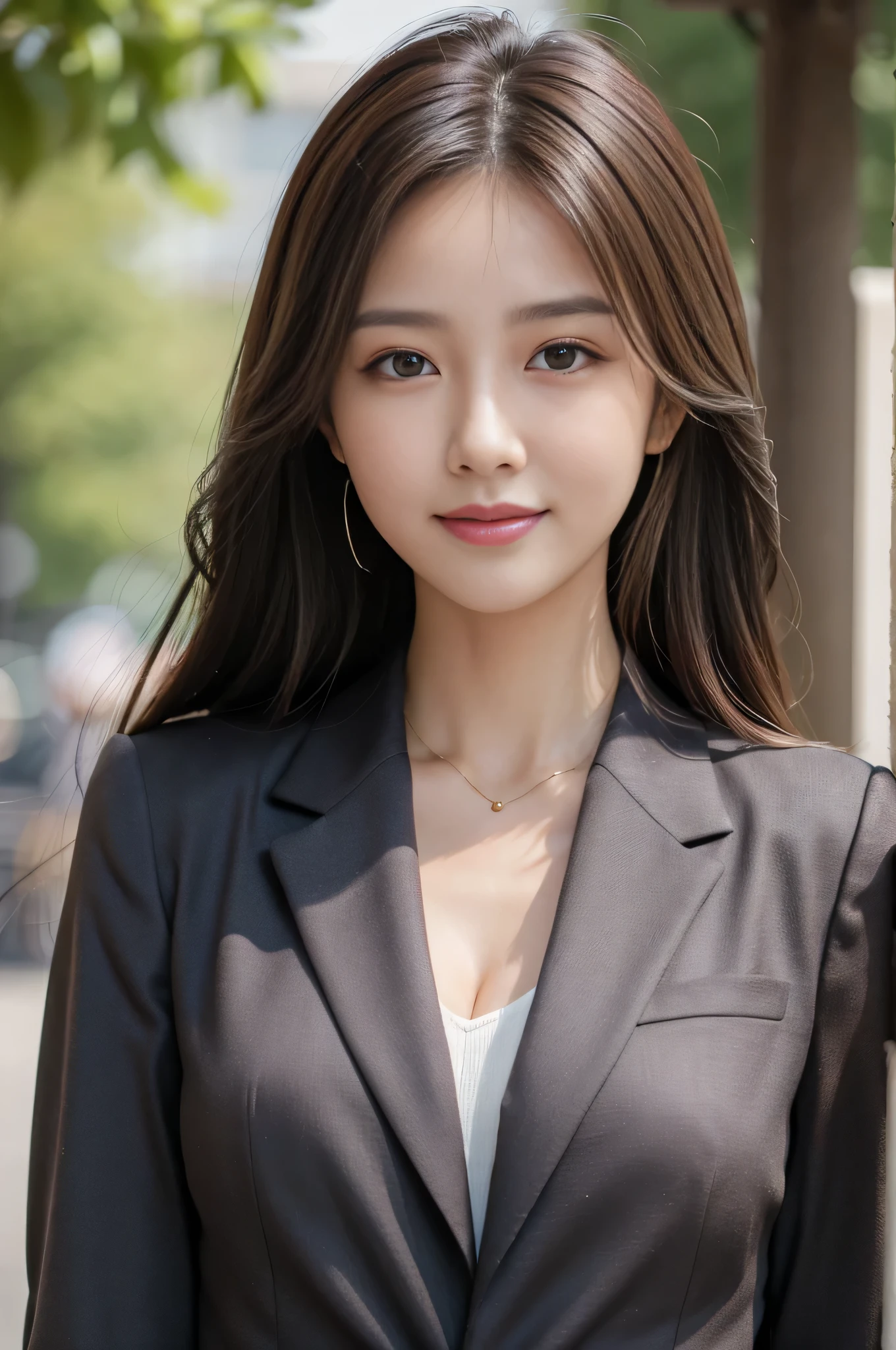 Best quality, realistically, ultra - detailed, Detailed pubic hair, A high resolution, 8k wallpaper, 1 Beautiful woman,,light brown messy hair, dressed in a suit, lock focus, Perfect dynamic composition, beautidful eyes, Delicate hair, 细致realistically的皮肤纹理, Smiling, closeup portrait, Model body type