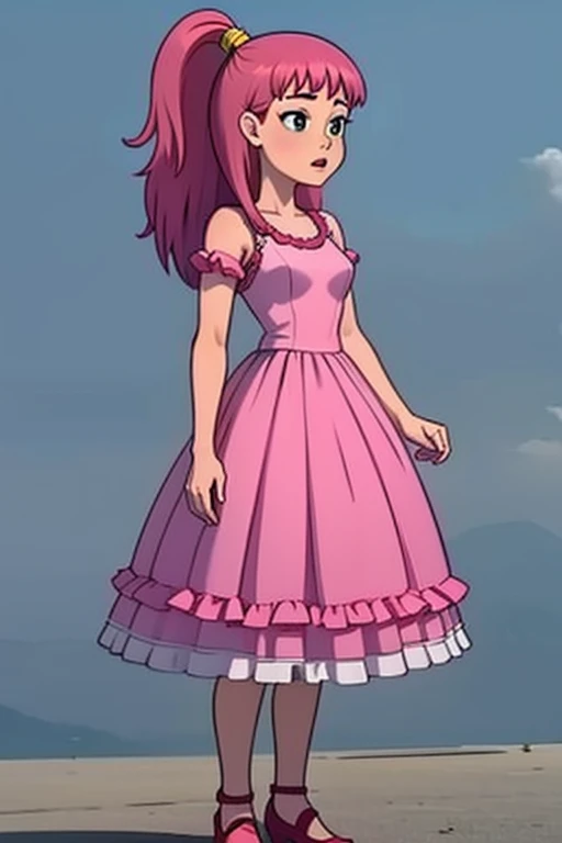ellie, ellie martin, pink hair, long pink hair, pony tail, pony tail with a yellow hair tie, pink long hair with pony tail and a yellow hair tie, wearing a dress, pink dress, pink princess dress, princess dress, long dress, front view, great anatomy, great coloring , full body on frame, small breasts, tiny breasts,