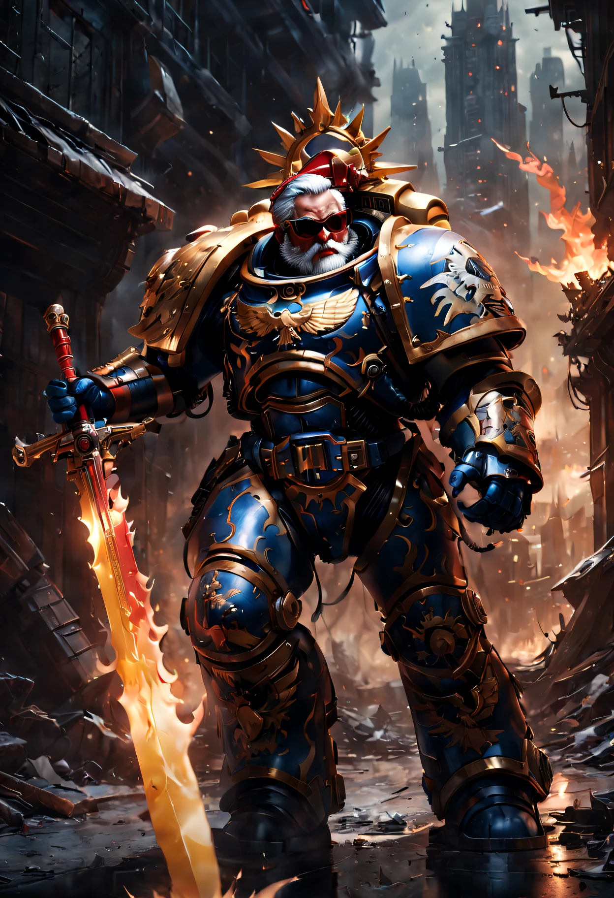 Warhammer 40K universe，Knight Armor Santa Claulue gold armor mechanical suit，Red Santa hat，shiny red sunglasseierce war environment，Armed with a flaming sword，Destroyed buildings and flames，The background is a futuristic cityscape，severe and threatening atmosphere，Sci-fi cyberpunk aesthetics，High contrast and desaturated tones，Dramatic and dynamic lighting effect quality,4K,(A high resolution,tmasterpiece:1.2),ultra - detailed,(actual,photoactual,photo-actual:1.37)