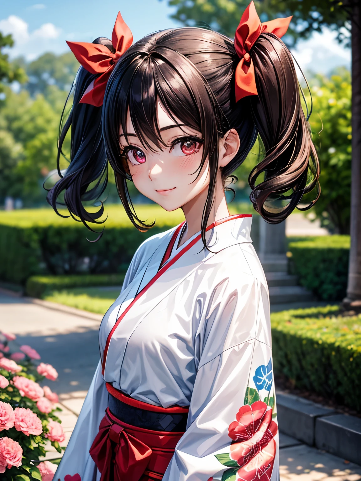 top-quality、yazawa nico,ighly detailed,Three-dimensional feeling、front-facing view, One side up, Twin-tailed,A smile、 (Red Eyes:1.3)a closed mouth, bow ribbon、Taisho period in Japan、White color kimono、outside of hakama、a park、realisitic,1girl in、Beautiful flowers々満開のa park、arms on both sides、White Hakama、Kimono、standing on the grass、absolute reference to center、A cute girl no matter who looks, picture quality, (masutepiece:1.2), Best Quality, High resolution, Unity 8k壁纸, (Illustration:0.8), (Beautiful detailed eyes:1.6), ighly detailedな顔, Perfect Lighting, ighly detailedなCG, (Perfect hands, Perfect Anatomy),smil