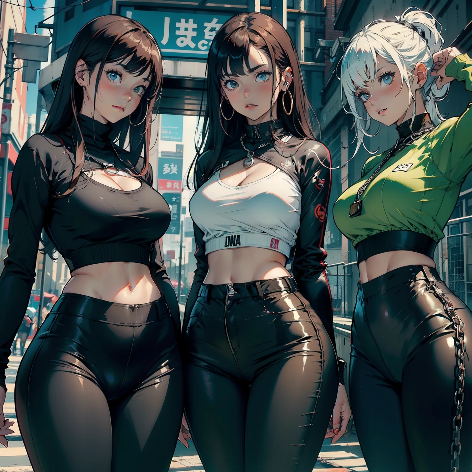 corpo bonito, cara bonita, 3 s juntas, meninavelha, Cabelos ruivos claros, olho, chain around neck, ombros, moletom, legging pants, peito grande, barriga, cintura fina, pernas grossas, coxas grossas, Background scenario randomly looking at the viewer