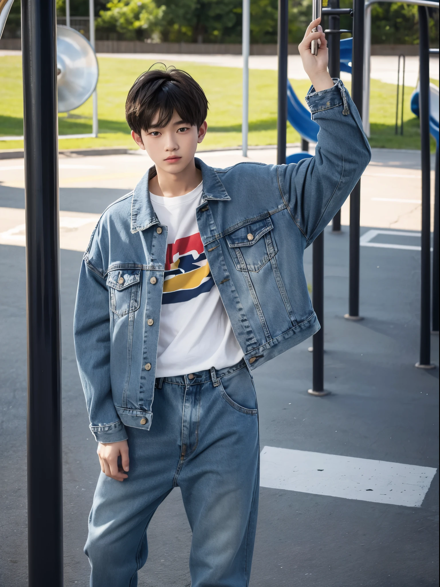 boy, 17 y.o, denim jacket, trousers, playground
