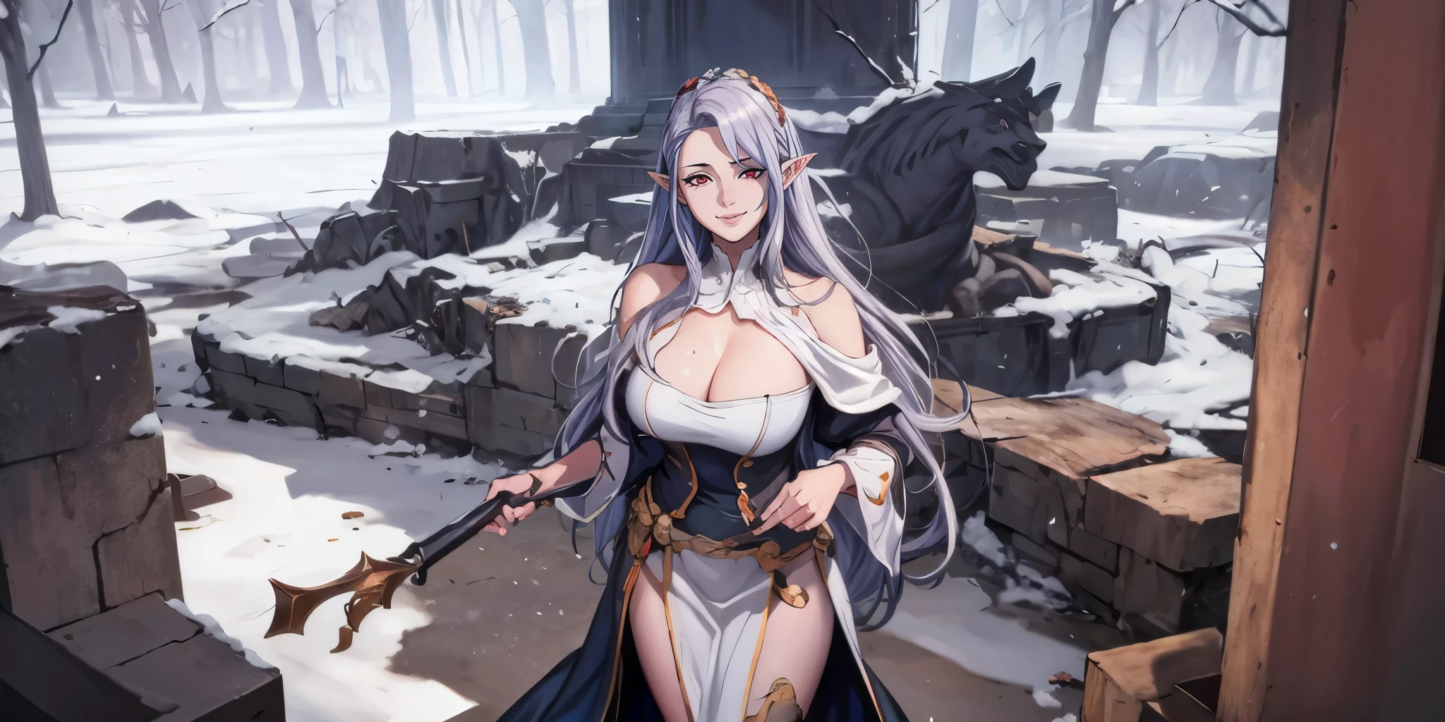 anatomically correct, best quality, masterpiece, high quality, high details, highres, HD, (shaded face:1.2), hollow eyes, red eyes, looking at viewer, smirk, upper teeth, pointy ears silver hair, hime_cut, long hair, huge breasts, sagging breasts, sweating, "Photorealistic, Hyperrealistic, Hyperdetailed, analog style, soft lighting, subsurface scattering, realistic, heavy shadow, masterpiece, best quality, ultra realistic, 8k, golden ratio, Intricate, High Detail, film photography, soft focus, fantasy art, breasts, 1girl, long_hair, cleavage, blue_eyes, large_breasts, solo, looking_at_viewer, very_long_hair, snow, dress, standing, outdoors, weapon, black_hair, cleavage_cutout