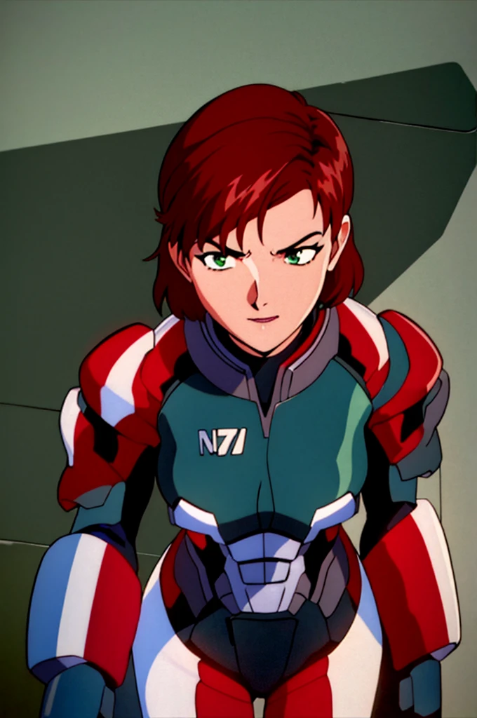 masterpiece, best quality, 1girl, cowboy shot, Jane Shepard, FemShep, short hair, red hair, green eyes, black power armor, N7, evangelion anime style, anime screencap, 1990s_\(style\)
