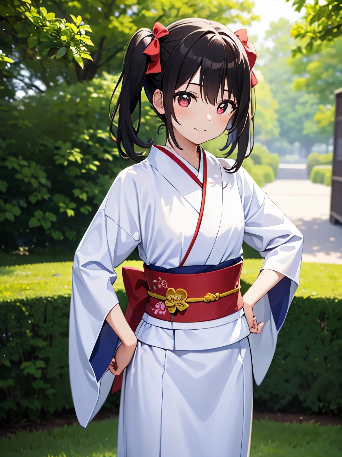 top-quality、yazawa nico,ighly detailed,Three-dimensional feeling、front-facing view, One side up, Twin-tailed,A smile、Hands on the hips、 (Red Eyes:1.3)a closed mouth, bow ribbon、Taisho period in Japan、White color kimono、outside of hakama、a park、realisitic,1girl in、Beautiful flowers々満開のa park、arms on both sides、White Hakama、Kimono、standing on the grass、absolute reference to center、A cute girl no matter who looks, picture quality, (masutepiece:1.2), Best Quality, High resolution, Unity 8k壁纸, (Illustration:0.8), (Beautiful detailed eyes:1.6), ighly detailedな顔, Perfect Lighting, ighly detailedなCG, (Perfect hands, Perfect Anatomy:1.2),