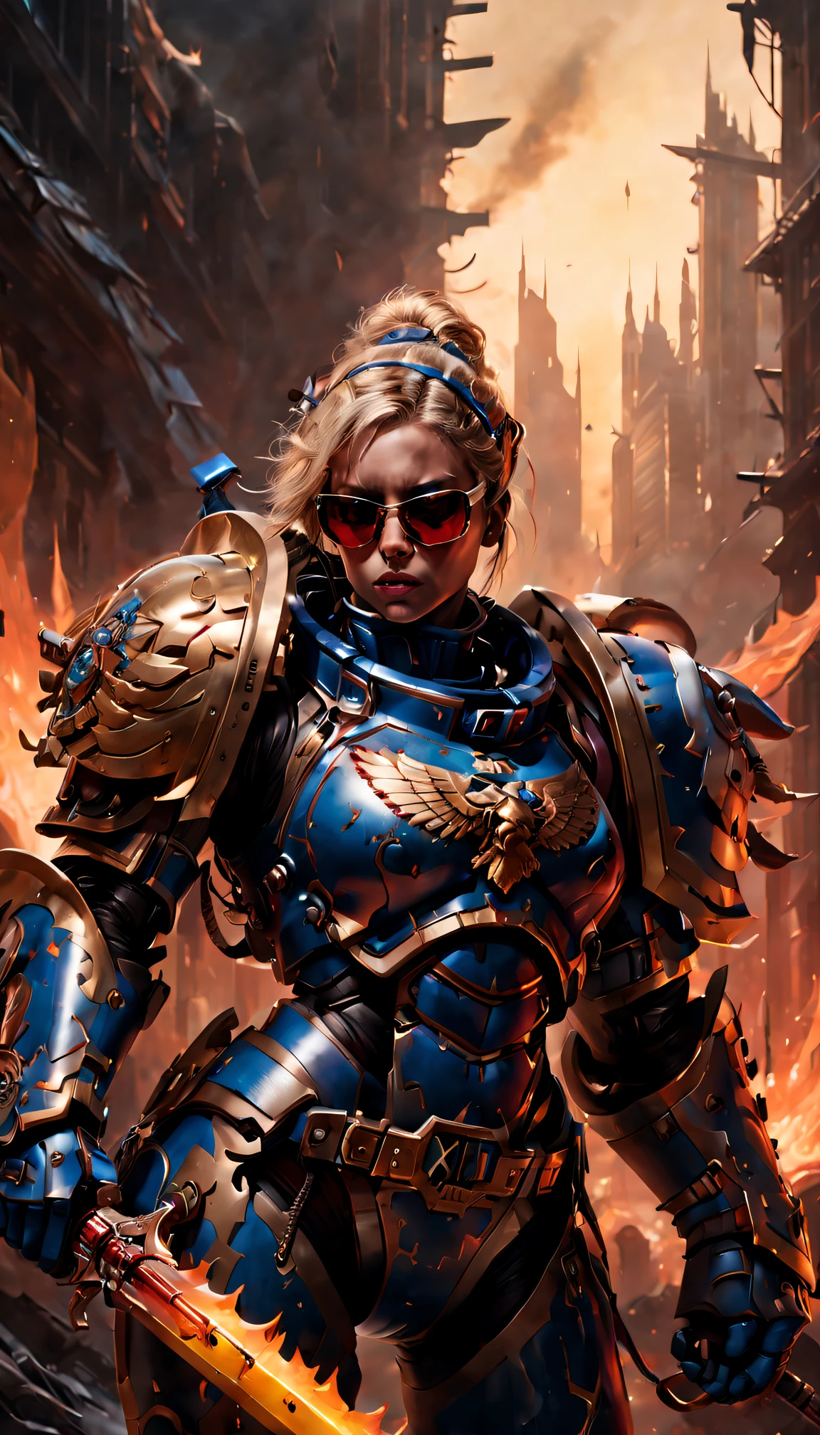 Warhammer 40K universe，Knight armor girl，Blue gold armor mechanical suit，shiny red sunglasseierce war environment，Armed with a flaming sword，Destroyed buildings and flames，The background is a futuristic cityscape，severe and threatening atmosphere，Sci-fi cyberpunk aesthetics，High contrast and desaturated tones，Dramatic and dynamic lighting effect quality,4K,(A high resolution,tmasterpiece:1.2),ultra - detailed,(actual,photoactual,photo-actual:1.37)