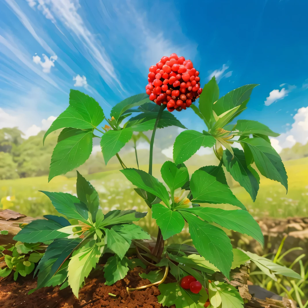 一颗野生田七生长在laterite上,with blue sky and white clouds,and the sun was shining brightly,Red berries,Green meadow,laterite, Wonderful composition, natural realistic render, high render, rendered image, Light rendering, a plant, tmasterpiece,the detail,trends in art station,beautiful light up,realistically,iintricate,Award-Awarded,4K,Best quality