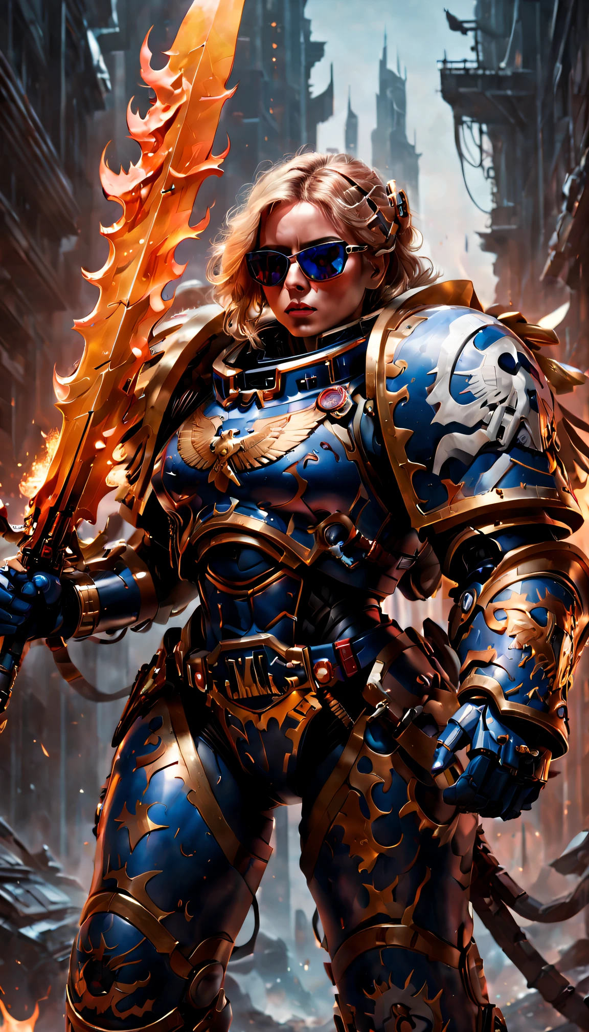 Warhammer 40K universe，Knight armor girl，Blue gold armor mechanical suit，shiny red sunglasseierce war environment，Armed with a flaming sword，Destroyed buildings and flames，The background is a futuristic cityscape，severe and threatening atmosphere，Sci-fi cyberpunk aesthetics，High contrast and desaturated tones，Dramatic and dynamic lighting effect quality,4K,(A high resolution,tmasterpiece:1.2),ultra - detailed,(actual,photoactual,photo-actual:1.37)