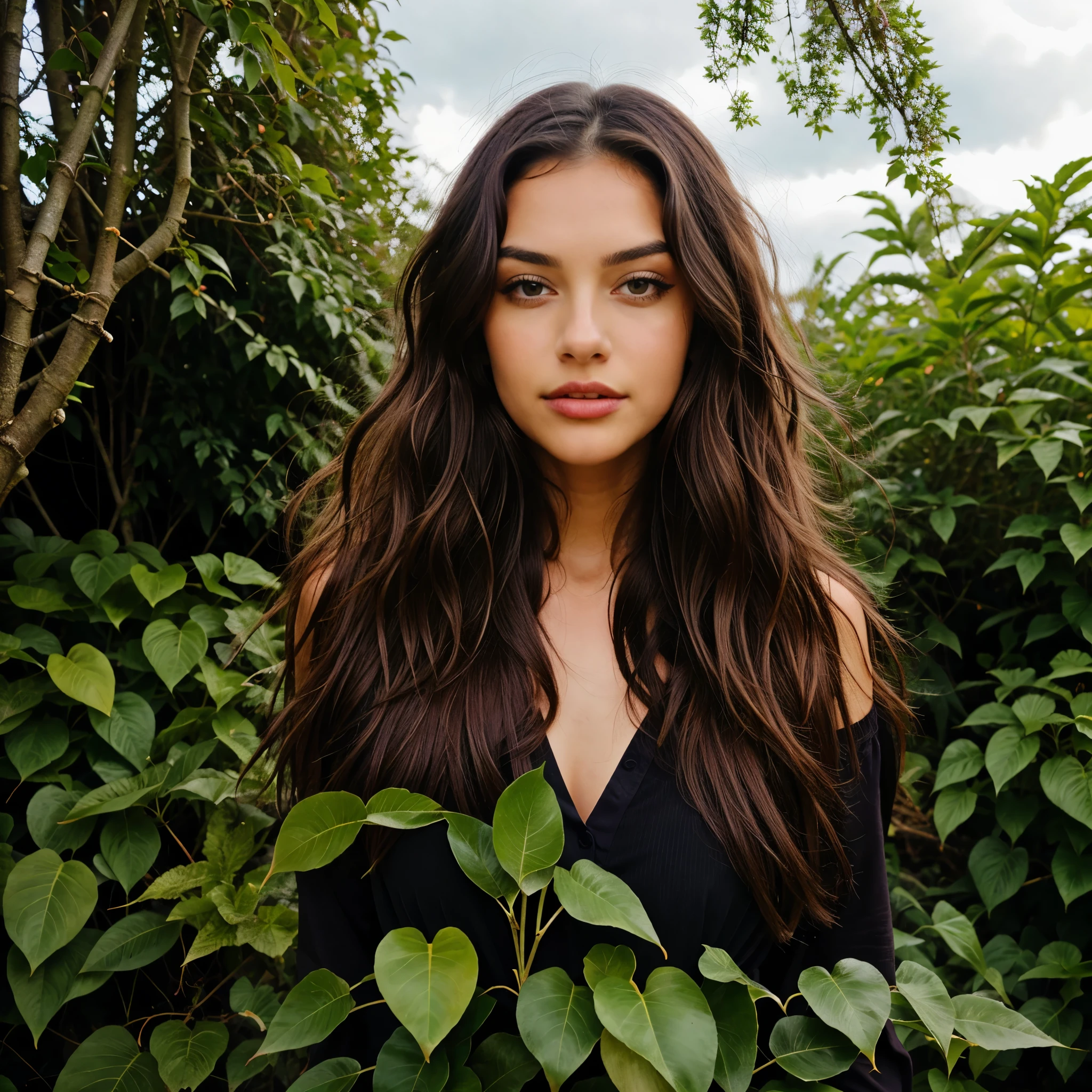 1 woman, wavy long hair, dark brown eyes, nature, plants, sky