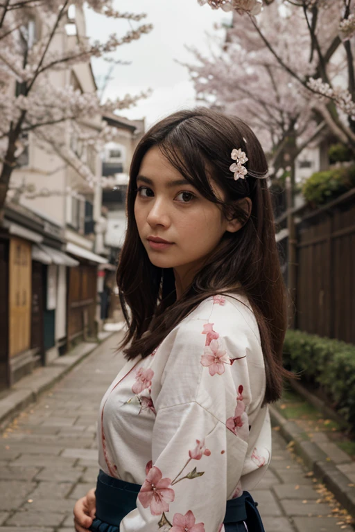 Create an image of a young girl in a traditional kimono, surrounded by cherry blossoms.