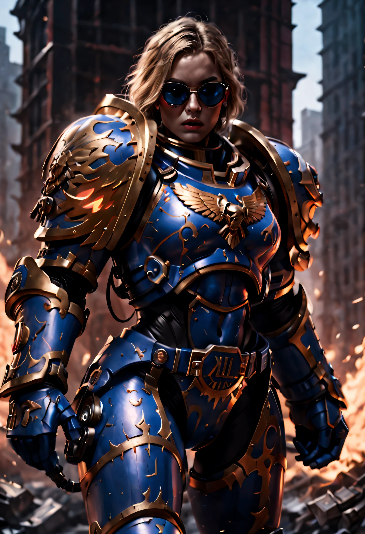 Warhammer 40K universe，Knight armor girl，Blue gold armor mechanical suit，shiny red sunglasseierce war environment，Armed with a flaming sword，Destroyed buildings and flames，The background is a futuristic cityscape，severe and threatening atmosphere，Sci-fi cyberpunk aesthetics，High contrast and desaturated tones，Dramatic and dynamic lighting effect quality,4K,(A high resolution,tmasterpiece:1.2),ultra - detailed,(actual,photoactual,photo-actual:1.37)